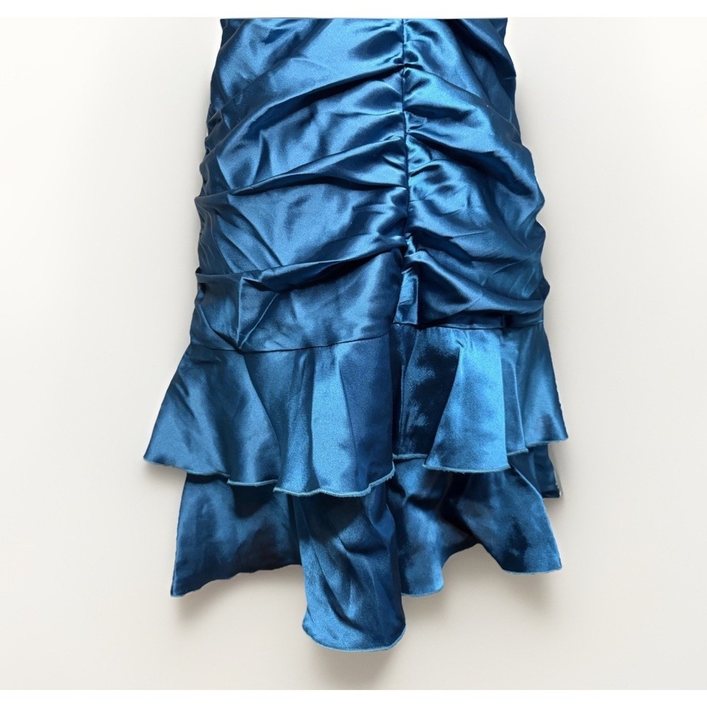 VTG 80s Teal Satin Ruched Halter Ruffle Mini Dress Size‎ 8 Medium Spring Formal - Picture 2 of 10